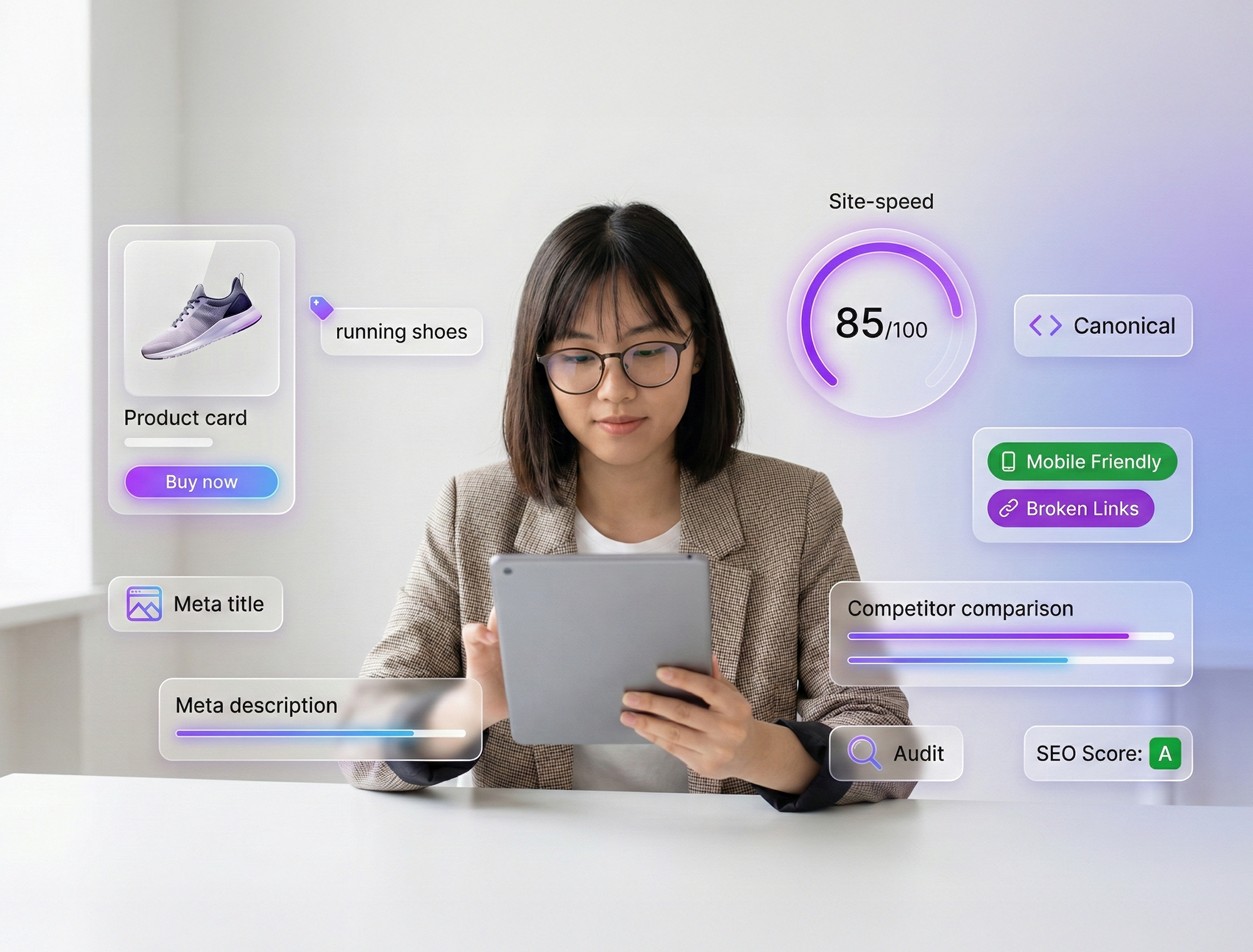 Deep Audit & Research dashboard view with analyst reviewing SEO metrics on tablet