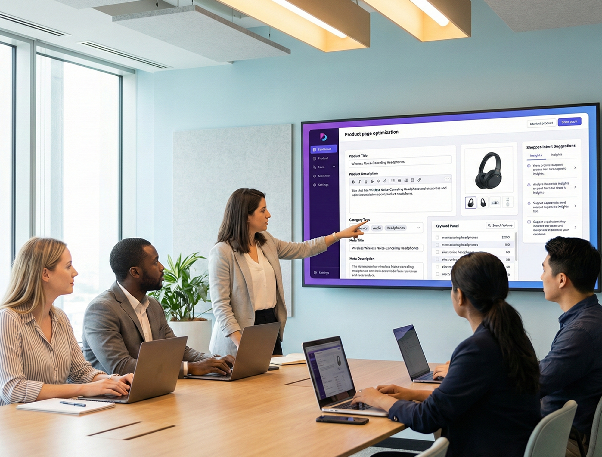 On-page optimization team reviewing product page SEO settings