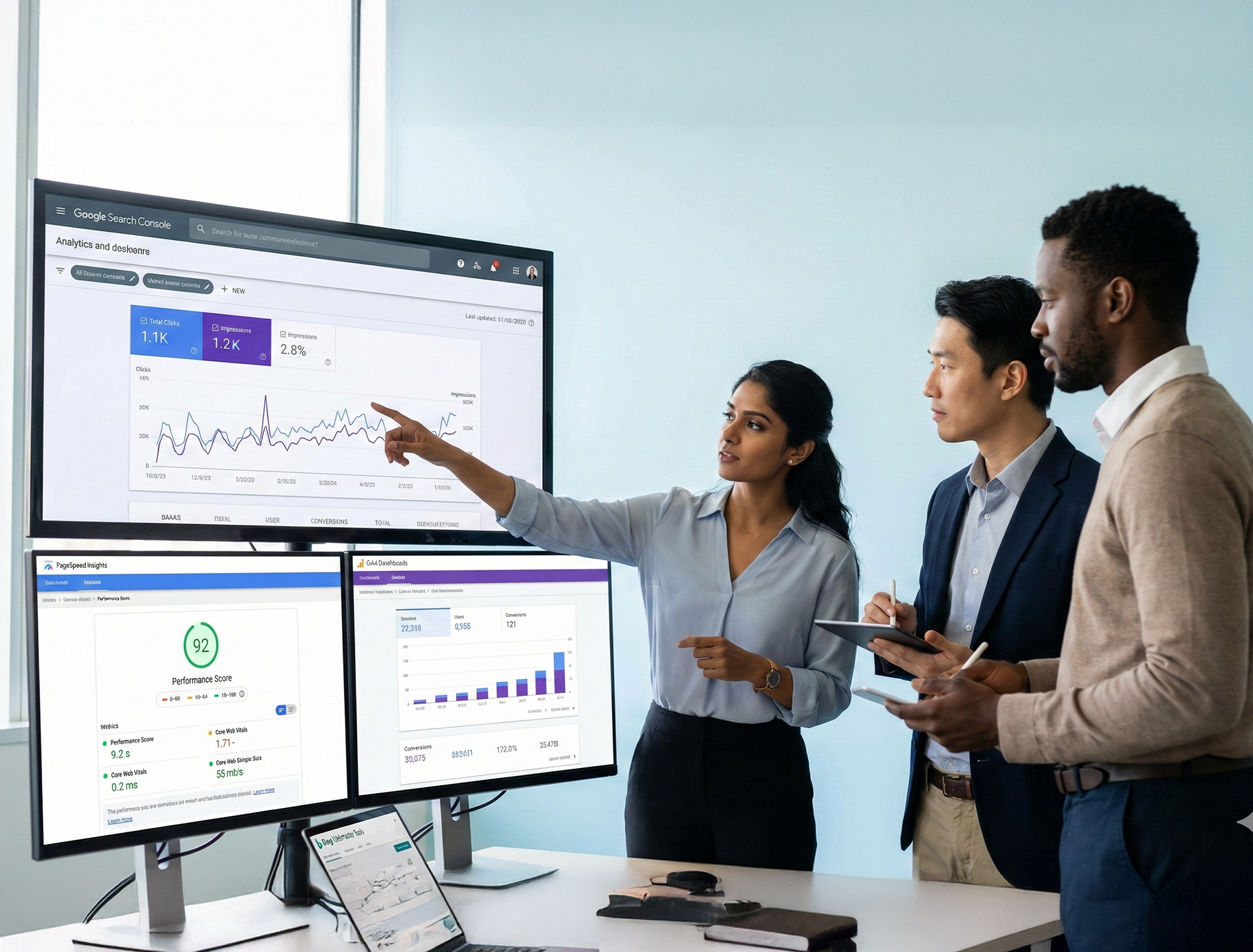 Performance tracking team reviewing SEO metrics and analytics dashboards